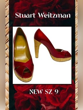 STUART WEITZMAN  Red Patent Leather Platform Peeptoe Pump Sz9 New